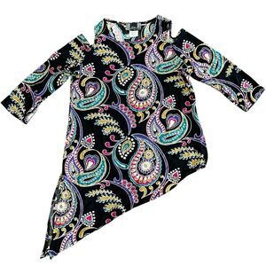 Women’s Slinky Brand Cold Shoulder Paisley Top Size M Pink Purple USA Asymmetric